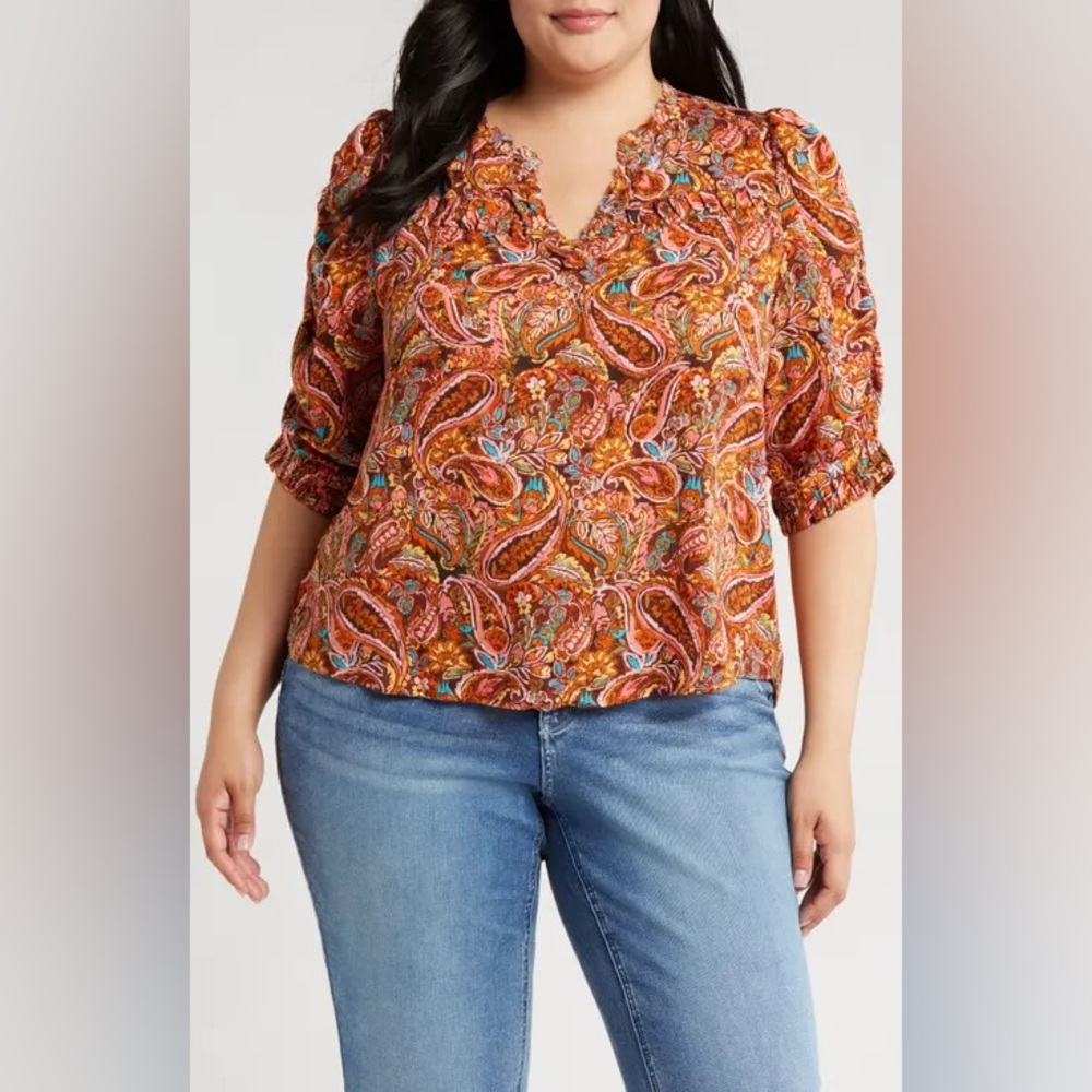Democracy Paisley Print Split Ruffle V-Neck 3/4 Ruched Sleeve Woven Top NWT 1X
